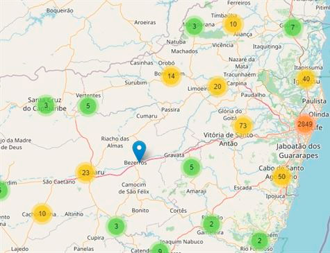 Mapa mostra localização dos casos de coronavírus em Pernambuco