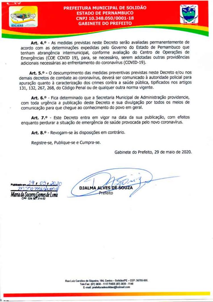 Prefeitura de Solidão comunica novo decreto municipal