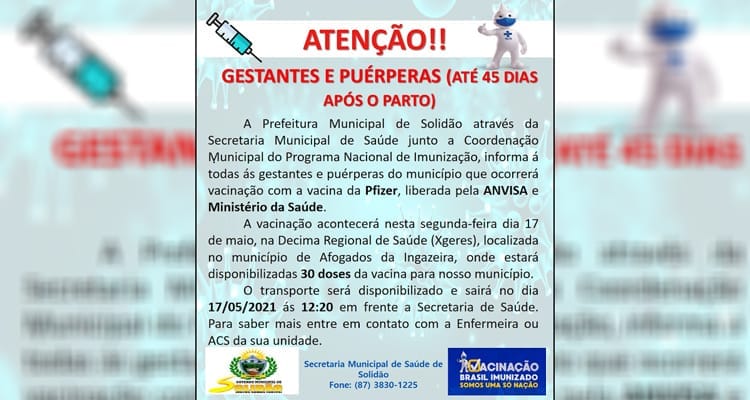 Em Solidão inicia vacinação da Pfizer em gestantes e puérperas