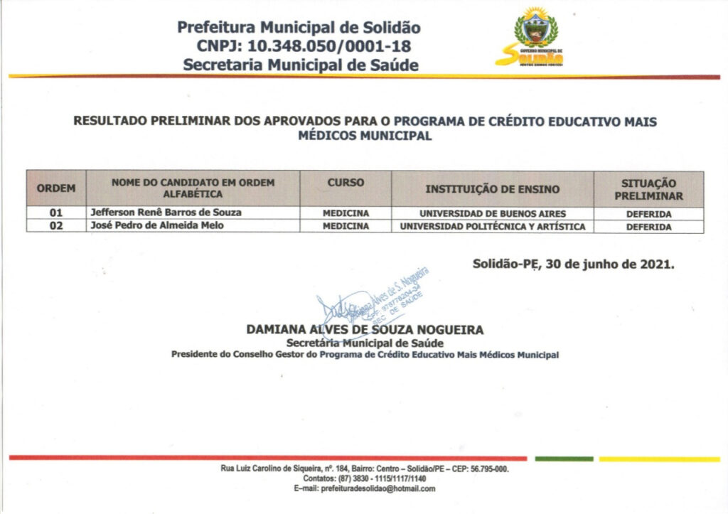 Prefeitura de Solidão divulga Resultado Preliminar do Programa de Crédito Educativo Mais Médicos Municipal