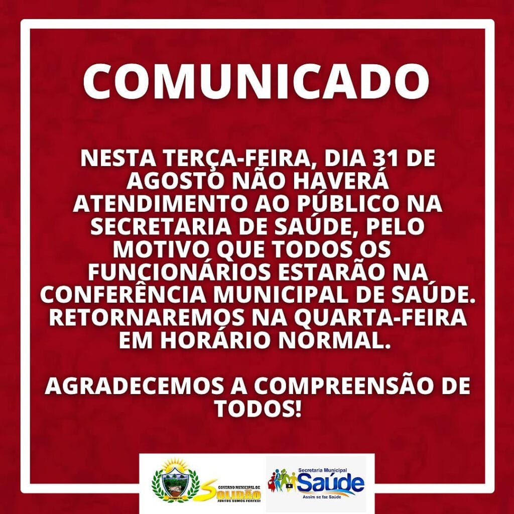 Em Solidão não haverá atendimento ao público na secretária de saúde nesta terça 31