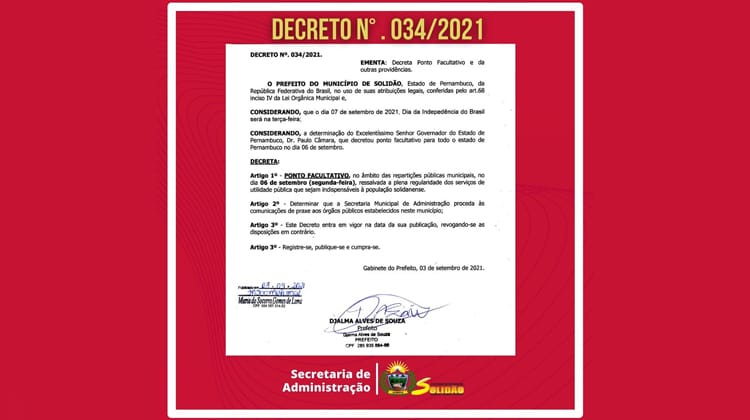 Feriado prolongado: Governo de Solidão decreta ponto facultativo no dia 6 de setembro