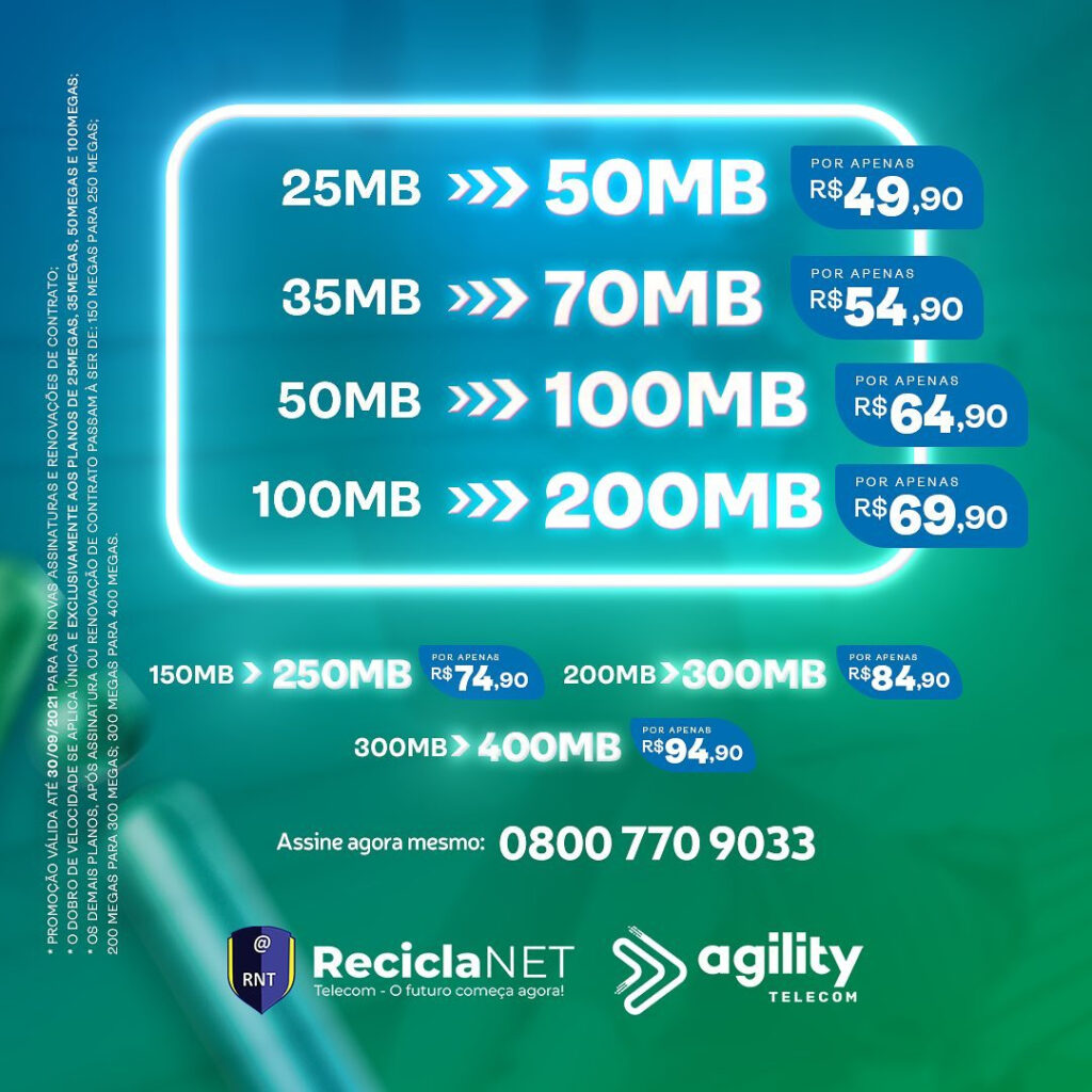 ReciclaNET Agility lança super promoção de Internet em dobro com um furacão de velocidade