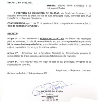 Dia do Servidor Público em Solidão é transferido para segunda-feira