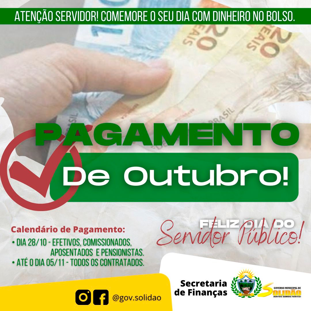Prefeitura de Solidão paga salários de outubro nesta quinta (28), Dia do Servidor Público