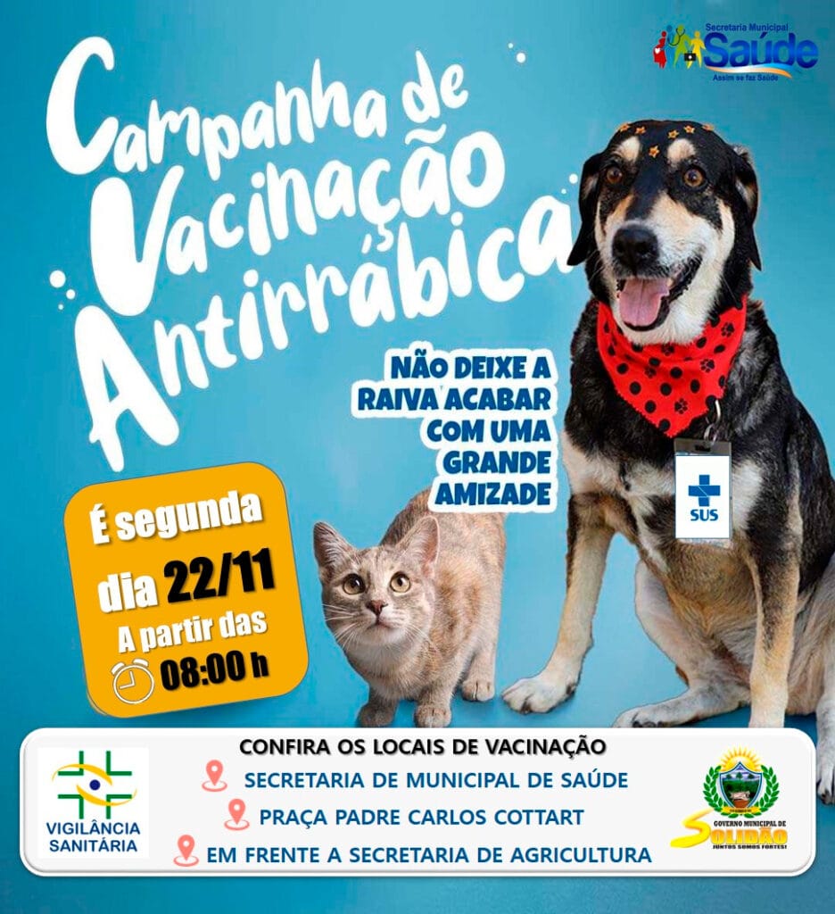 Em Solidão o atendimento será em três pontos de vacinação, as 8h para cães e gatos a partir de três meses de idade.