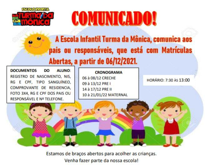 Comunicado: Escola infantil Turma da Mônica de Solidão está com matrículas abertas