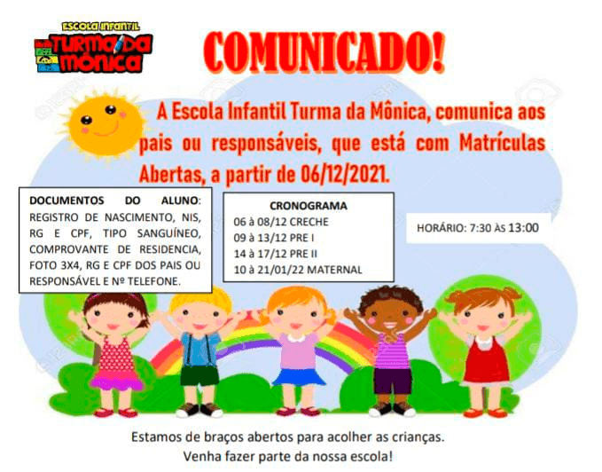 Comunicado: Escola infantil Turma da Mônica de Solidão está com matrículas abertas