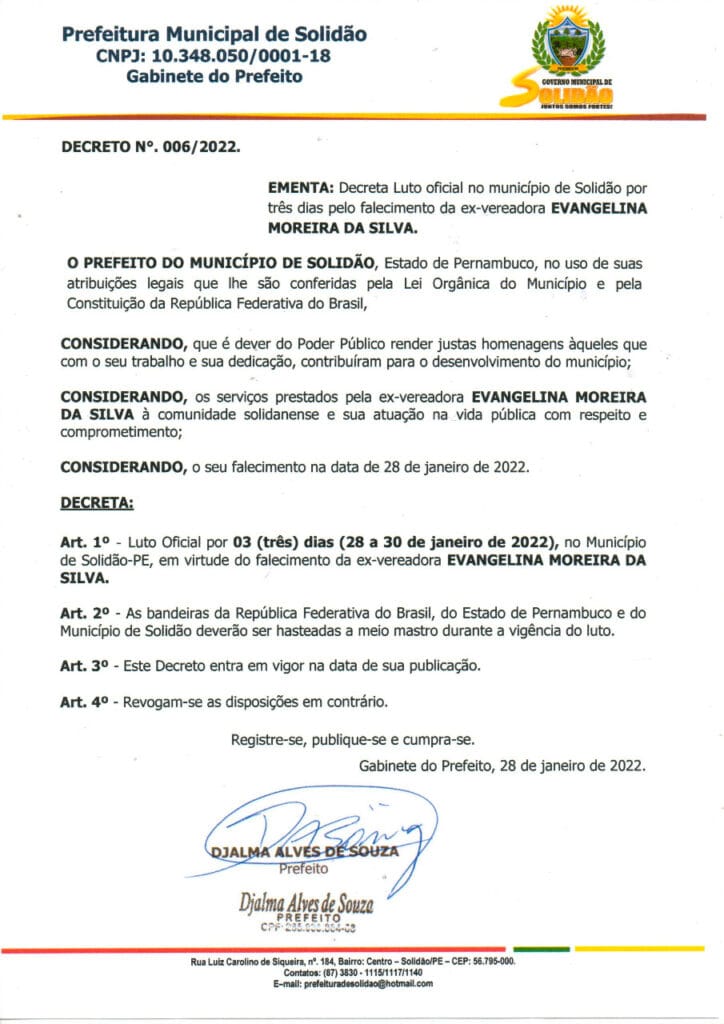Prefeito Djalma Alves decreta Luto Oficial pelo falecimento da ex-vereadora Evangelina Moreira