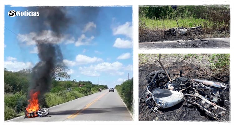 Moto pega fogo na PE-320 entre Tabira e Afogados