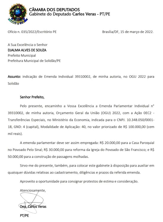 Deputado Federal Carlos Veras destina emendas para Solidão