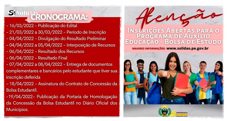 Prefeitura de Solidão abre inscrições para o Programa Municipal de Auxílio Educação – Projeto Bolsa de Estudo Rotativo