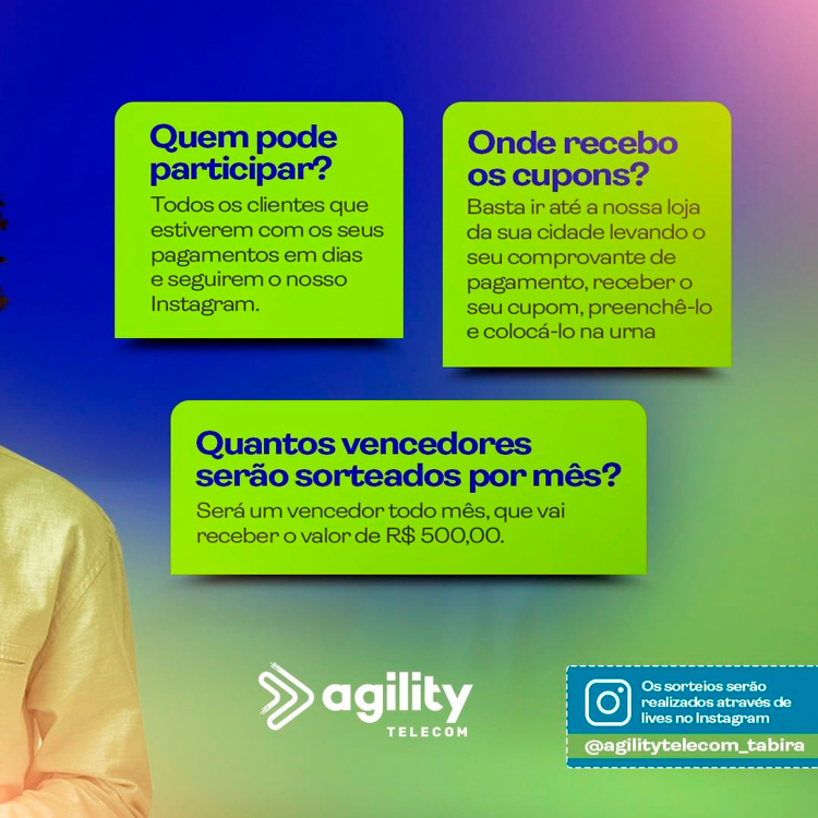 Agility telecom Tabira lança sorteio no valor total de R$ 6.000,00 reais para clientes com mensalidades em dias 