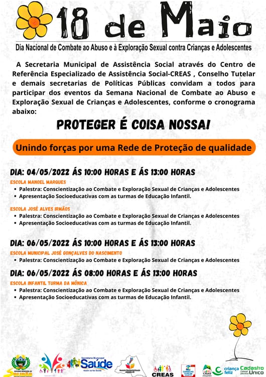 Confira a programação da Semana de Combate ao Abuso e à Exploração Sexual de Crianças e Adolescentes