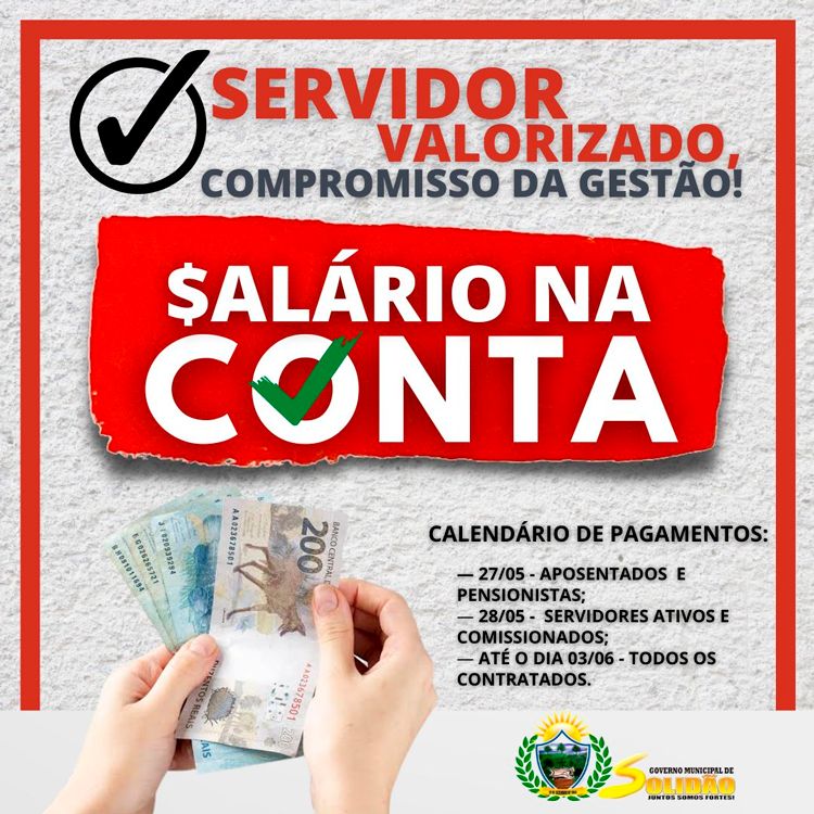 Prefeitura de Solidão inicia pagamento da folha de maio nesta sexta (27) 