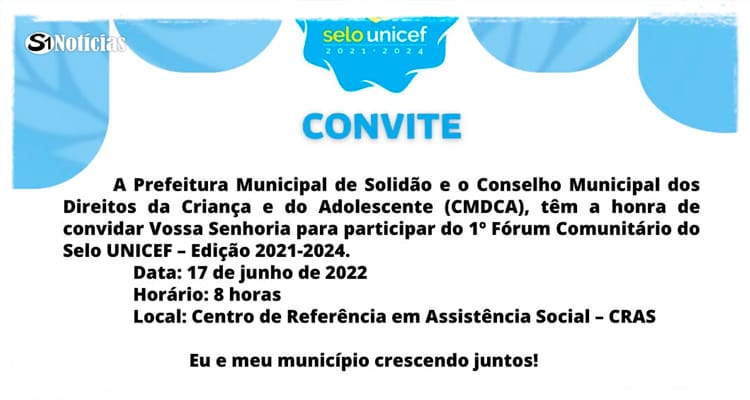 Solidão realizará o 1º Fórum Comunitário do Selo UNICEF nesta sexta (17)