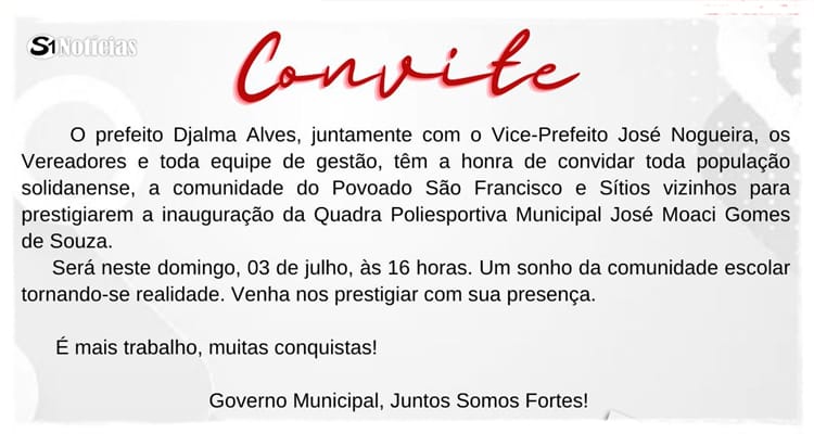 Convite: Inauguração da Quadra Poliesportiva Municipal José Moaci Gomes de Souza