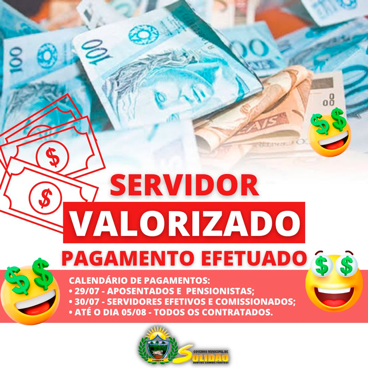 Prefeitura de Solidão inicia pagamento da folha de julho nesta sexta (29)