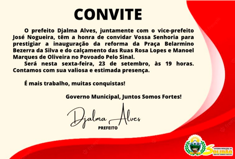 Convite: inauguração da reforma da Praça e calçamento das Ruas Rosa Lopes e Manoel Marques