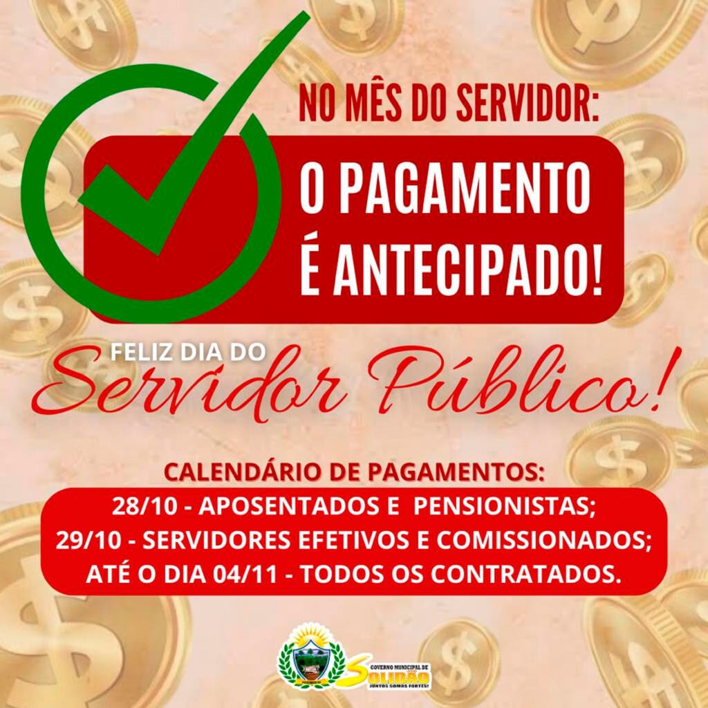 Prefeitura de Solidão antecipa salário de outubro nesta sexta (28), Dia do Servidor Público