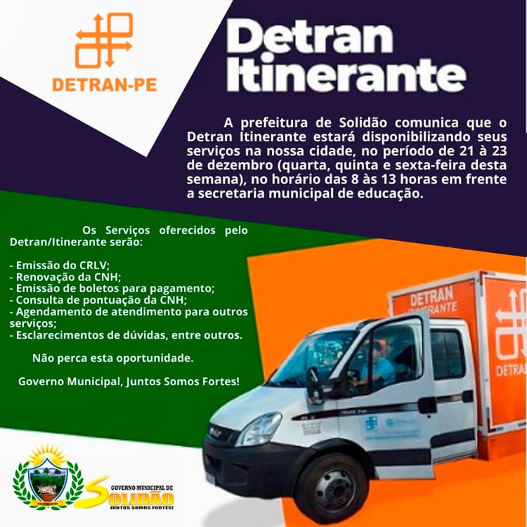 Detran Itinerante está atendendo em Solidão no período de 21 à 23 de dezembro