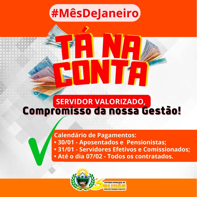 Prefeitura de Solidão inicia pagamento da folha de janeiro nesta terça (31)