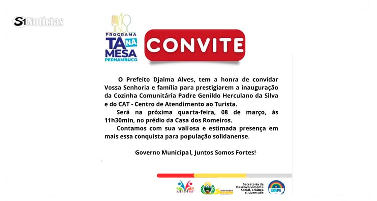 Convite: Inauguração da Cozinha Comunitária e do CAT acontece nesta quarta, 8 em Solidão