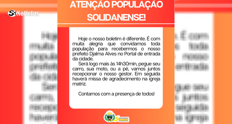 Prefeitura de Solidão convida a população para recepção do Prefeito Djalma Alves no Portal da Cidade