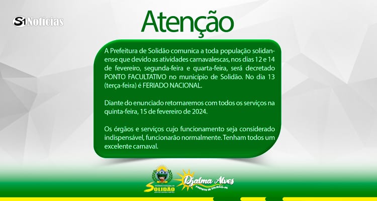 Prefeitura de Solidão anuncia Ponto Facultativo e Feriado de Carnaval