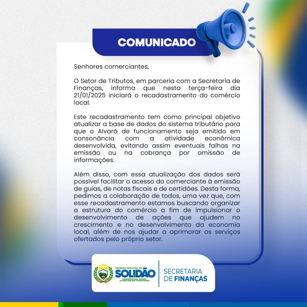 Atenção, Solidão: Recadastramento do Comércio Local Começa nesta Terça-feira