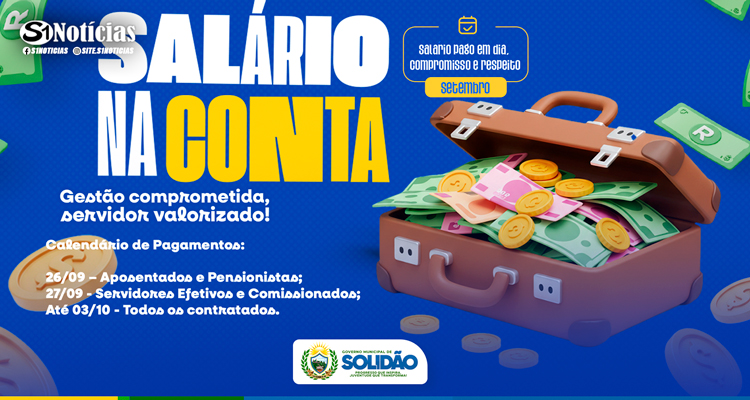 Pagamento de setembro é antecipado para servidores municipais de Solidão
