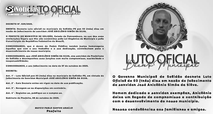 Solidão decreta Luto Oficial de três dias pelo falecimento do servidor José Ariclênio Simão da Silva