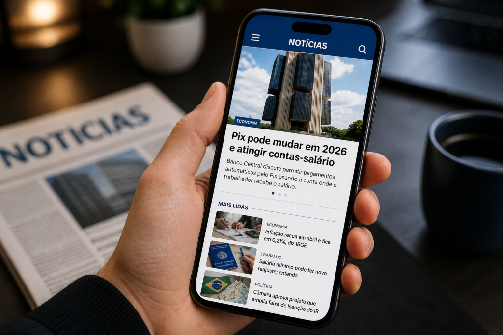Trabalhador usando aplicativo bancário no celular para autorizar pagamento automático pelo Pix.
