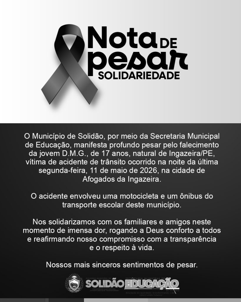 Nota de pesar emitida pelo Governo Municipal de Solidão após acidente