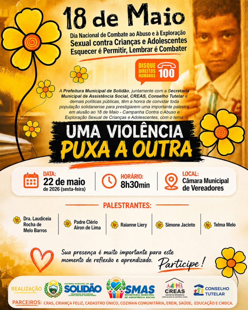 Card oficial da palestra da campanha Maio Laranja em Solidão sobre proteção de crianças e adolescentes.