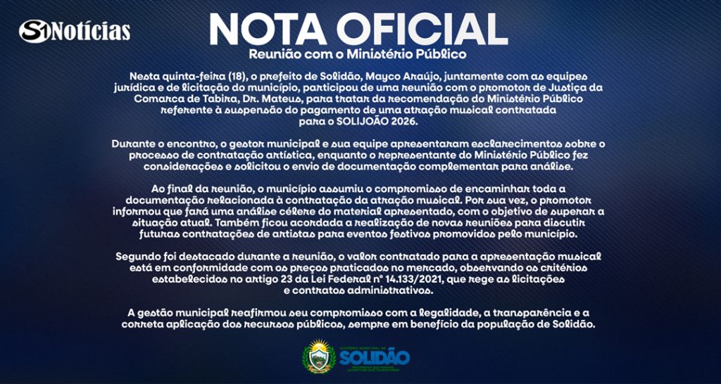 Texto alternativo (ALT): Reunião sobre contratação de banda do SOLIJOÃO 2026 entre Prefeitura de Solidão e Ministério Público