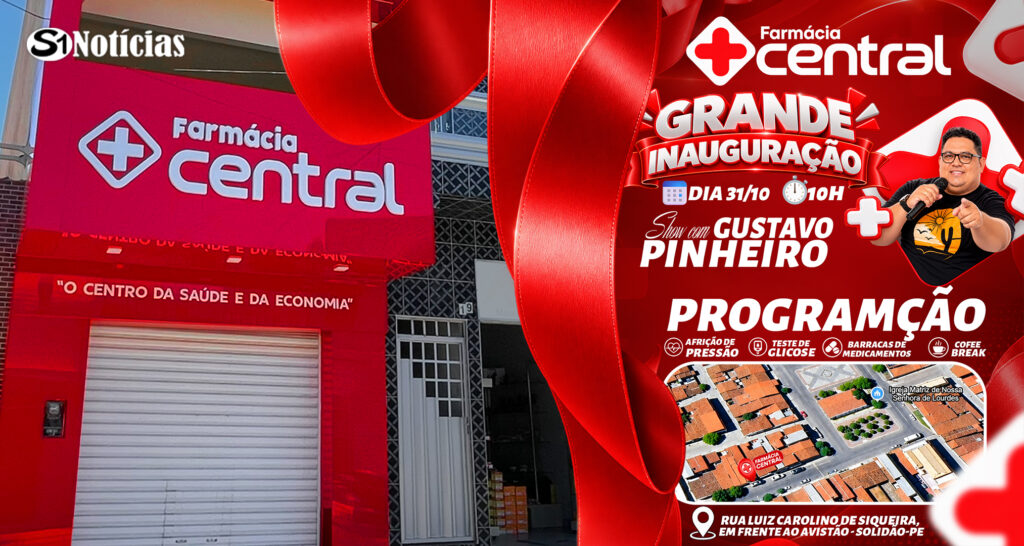 Card da inauguração da Farmácia Central em Solidão, com participação do cantor Gustavo Pinheiro.