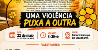 Card oficial da palestra da campanha Maio Laranja em Solidão sobre proteção de crianças e adolescentes.