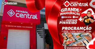 Card da inauguração da Farmácia Central em Solidão, com participação do cantor Gustavo Pinheiro.